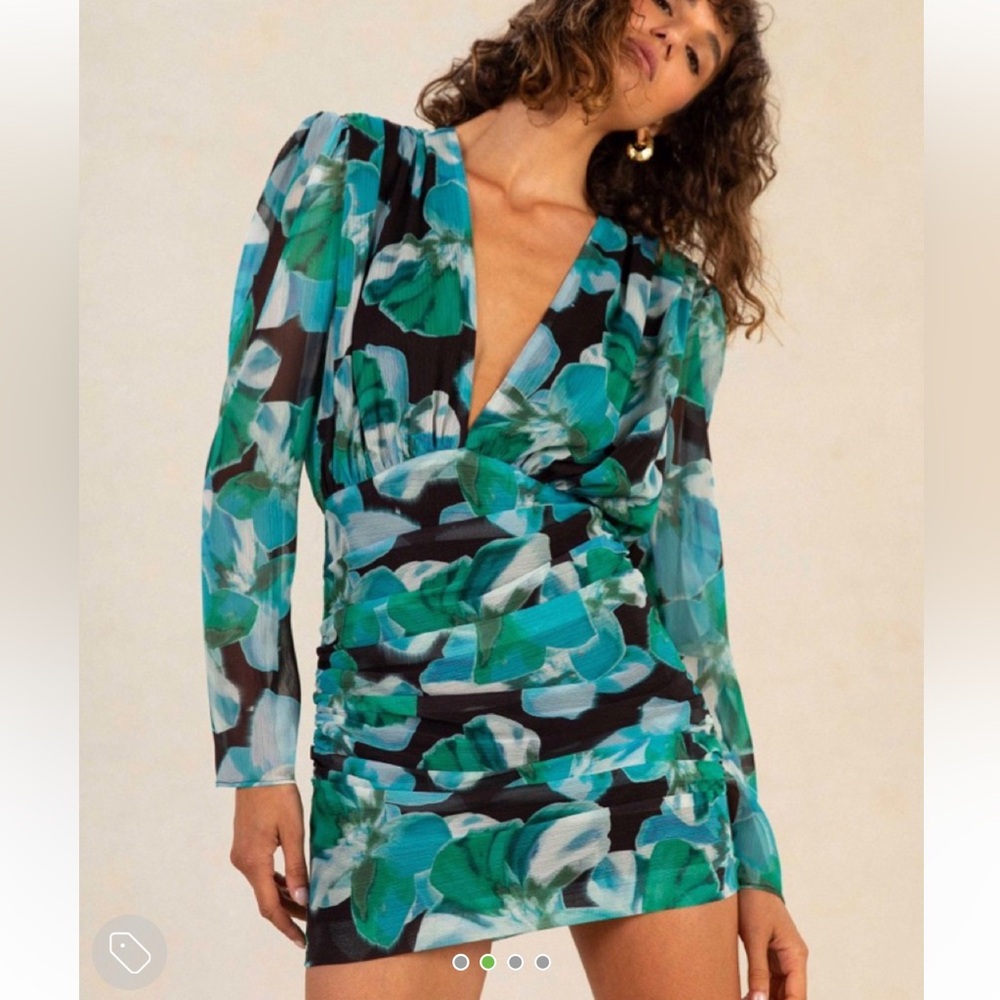 MISHA COLLECTION Blue and Green Floral Long Sleeve Dress